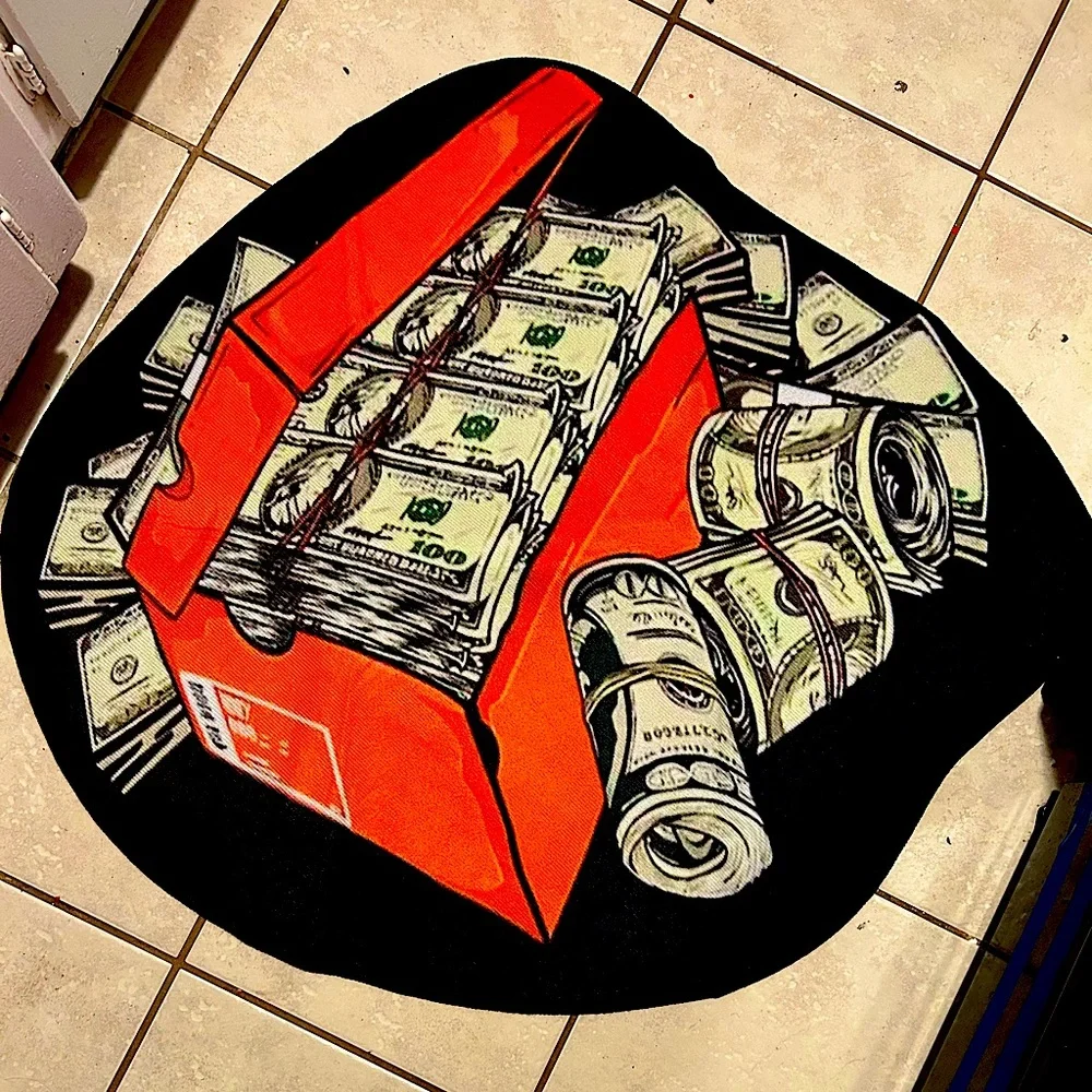 Nike box filled with cash rug